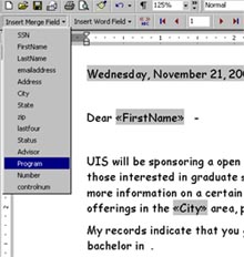 screen shot of inserting merge fields in Word