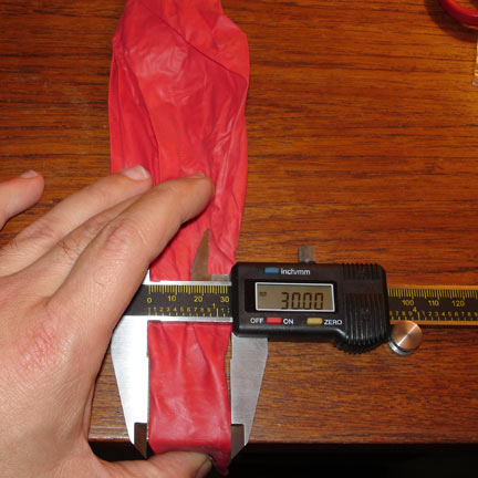 Photo of measurement of a Kaysam 10 gram balloon neck showing 30mm