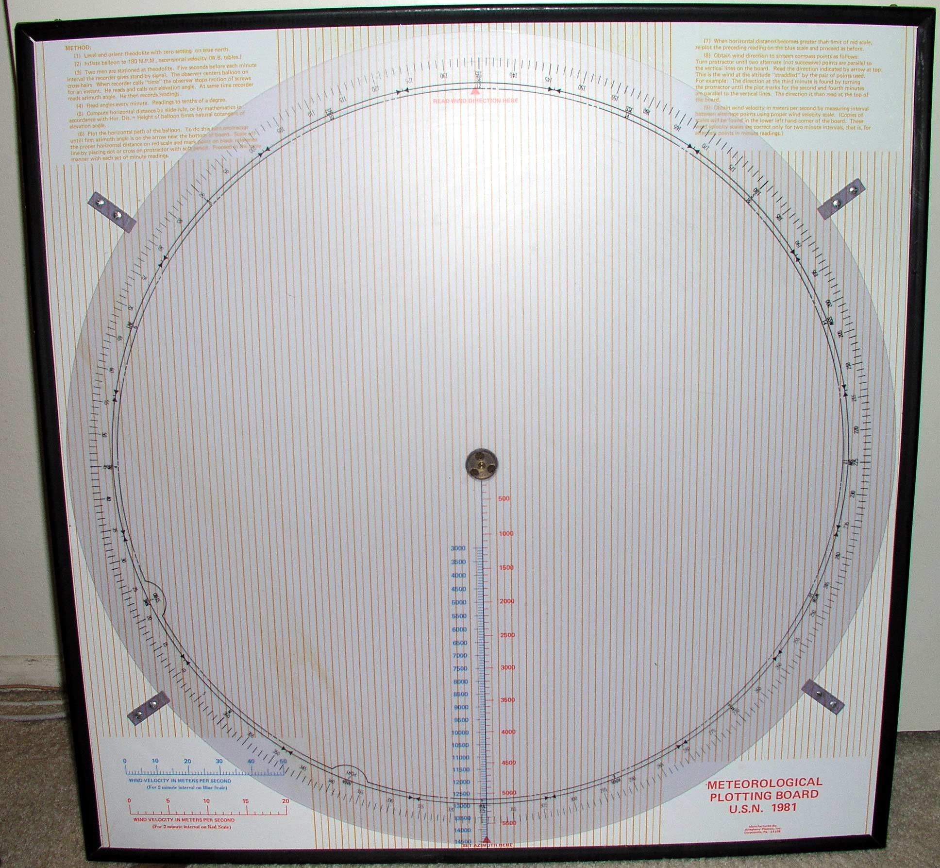 This is a large image of a Pilot Balloon Plotting Board.  It shows detail including instructions, wind scales and compas rose.