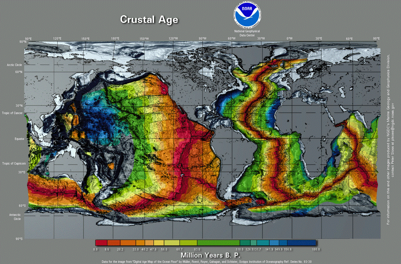 [ world crustal age, NOAA, National Geophysical Data Center ]