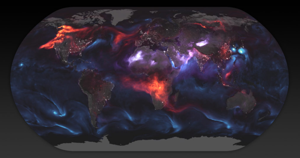 [ NASA image of aerosols on Earth 23 August 2018 -- smoke, dust, sea salt ]