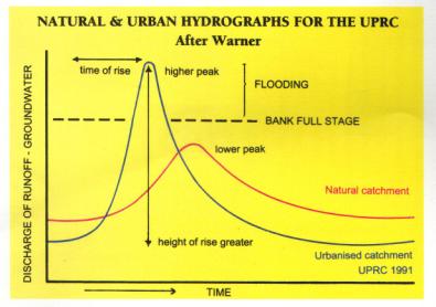 [ hydrograph for urbanized 
and natural watershed, Upper Parramatta River Catchment Trust, Australia ]