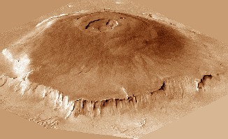 [ Olympus Mons seen at oblique angle that gives a 3-d sense ]